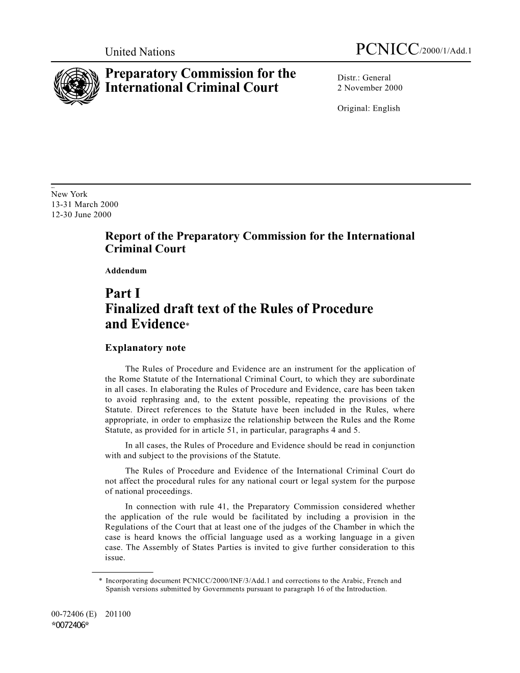 Report of the Preparatory Commission for the International Criminal Court