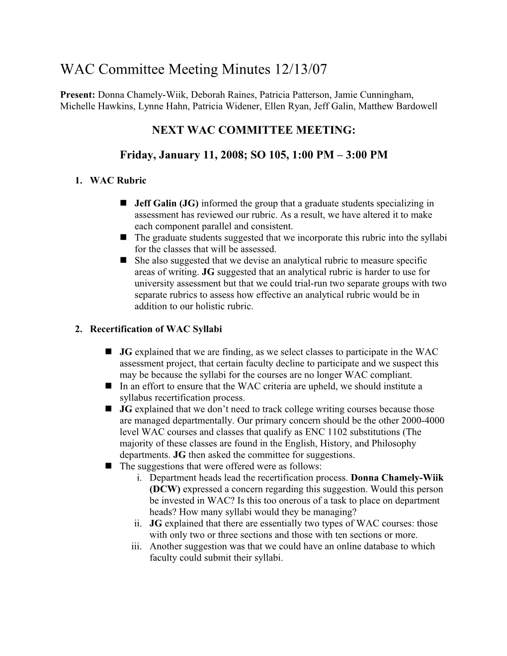 WAC Committee Meeting Minutes 12/13/07