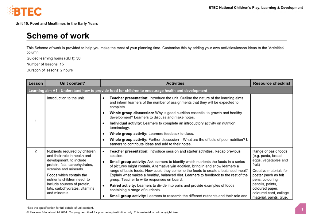 Unit 15: Food and Mealtimes in the Early Years - Scheme of Work (Version 1 Sept 14)