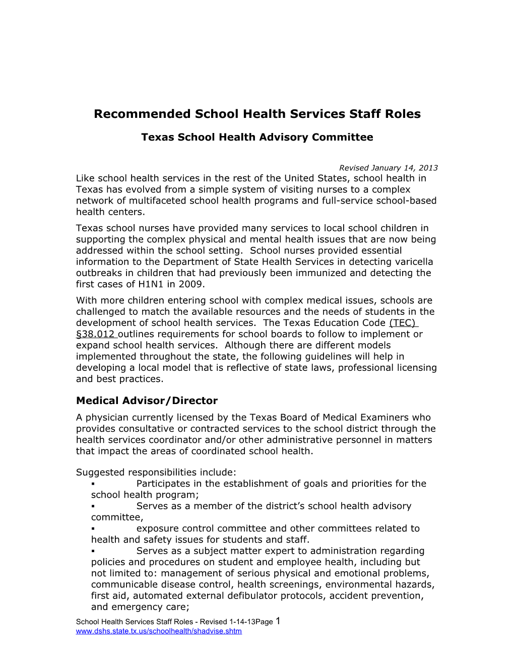 School Health Services Staff Roles