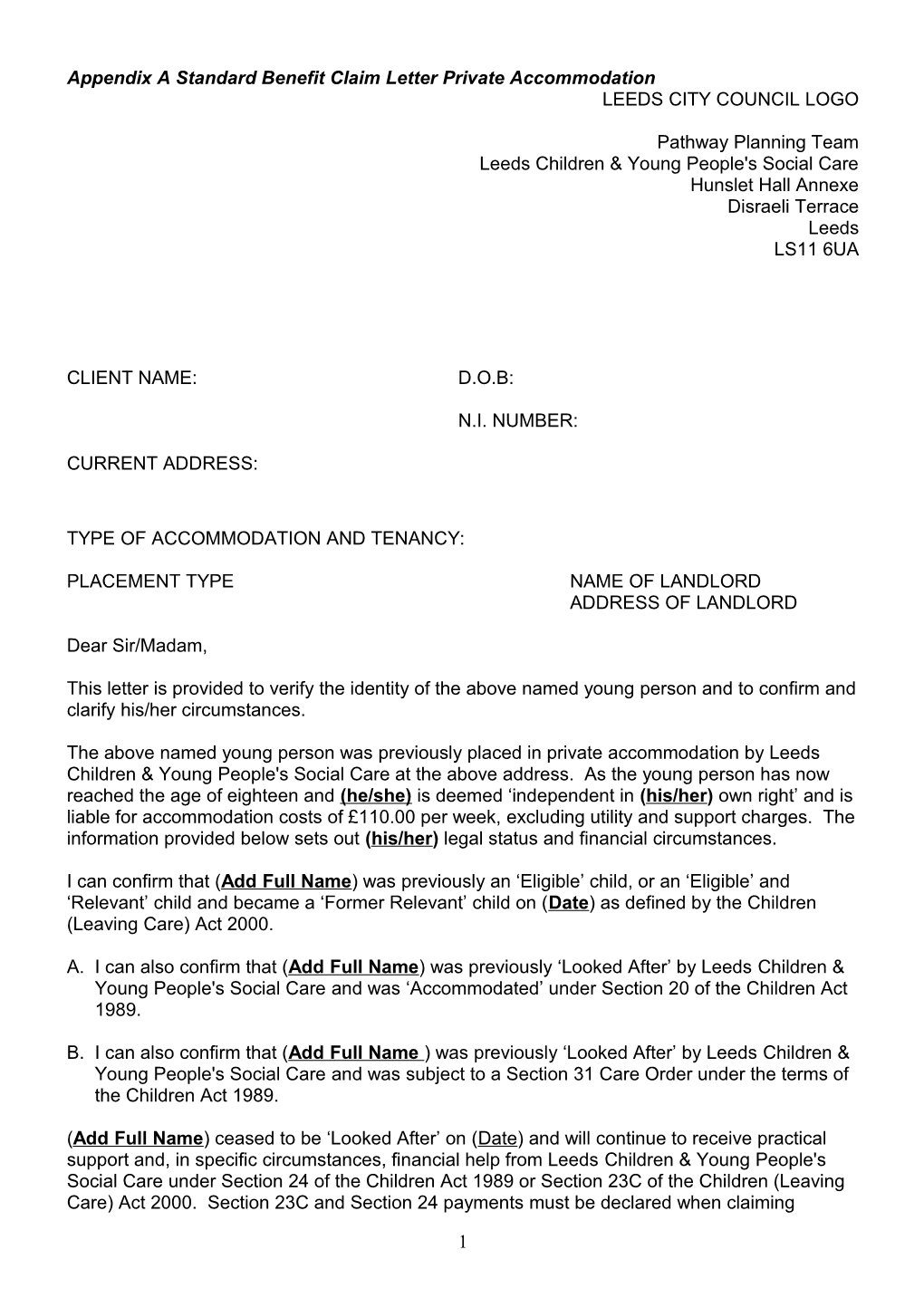 Appendix a Standard Benefit Claim Letter Private Accommodation