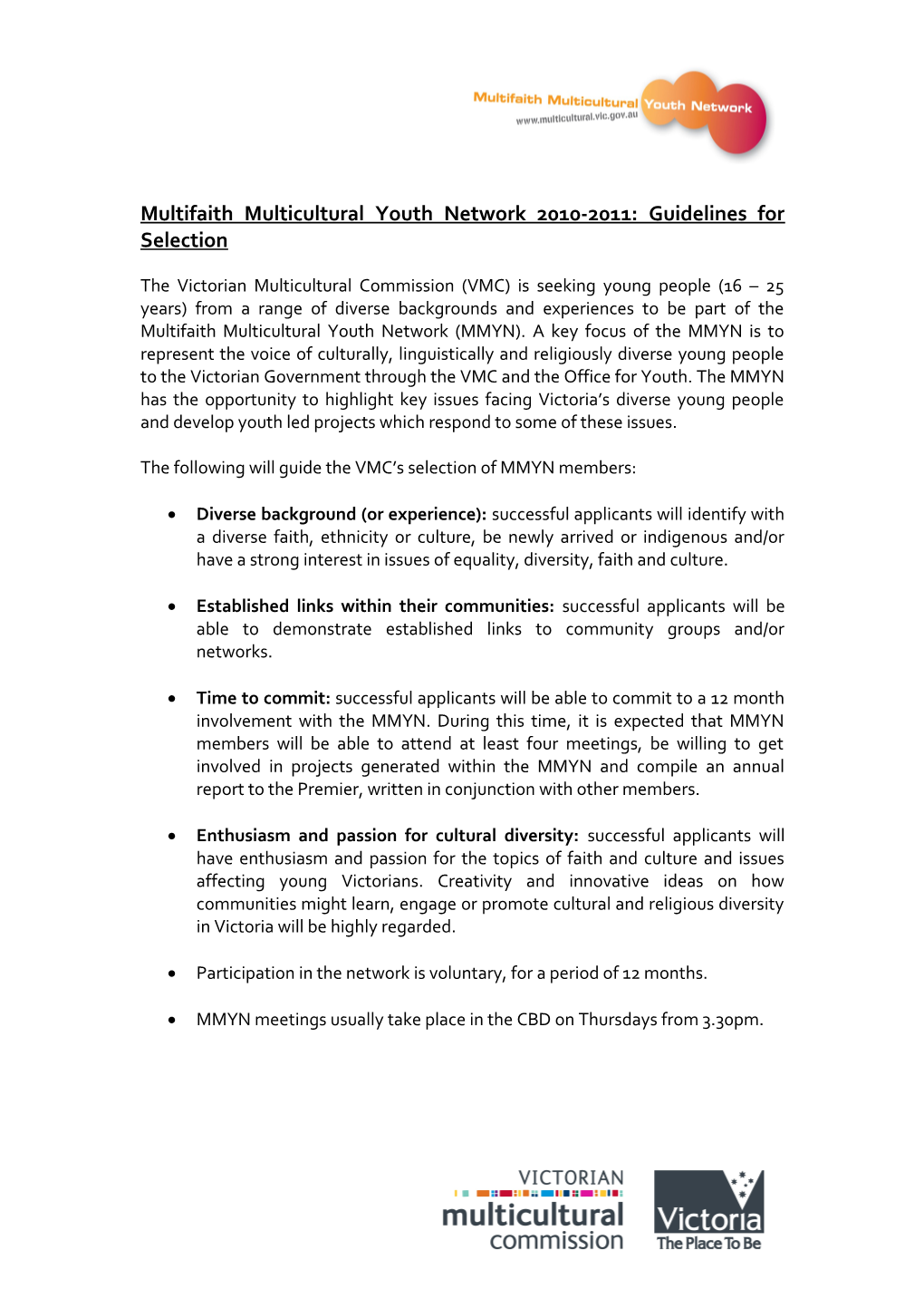 Multifaith Multicultural Youth Network 2009-2010: Guidelines for Selection