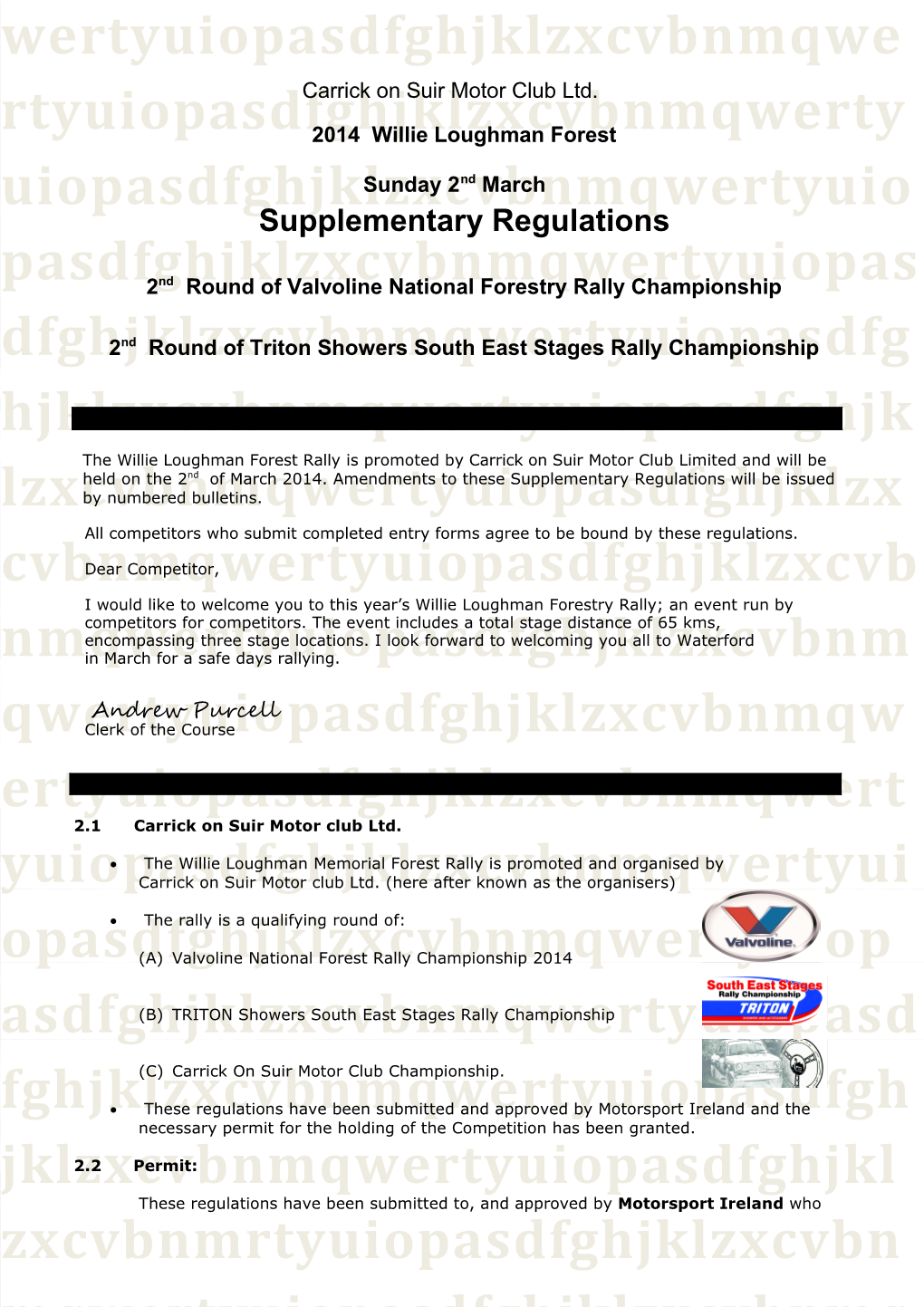Willie Loughman Forest Rally 2013 Supplementary Regulations