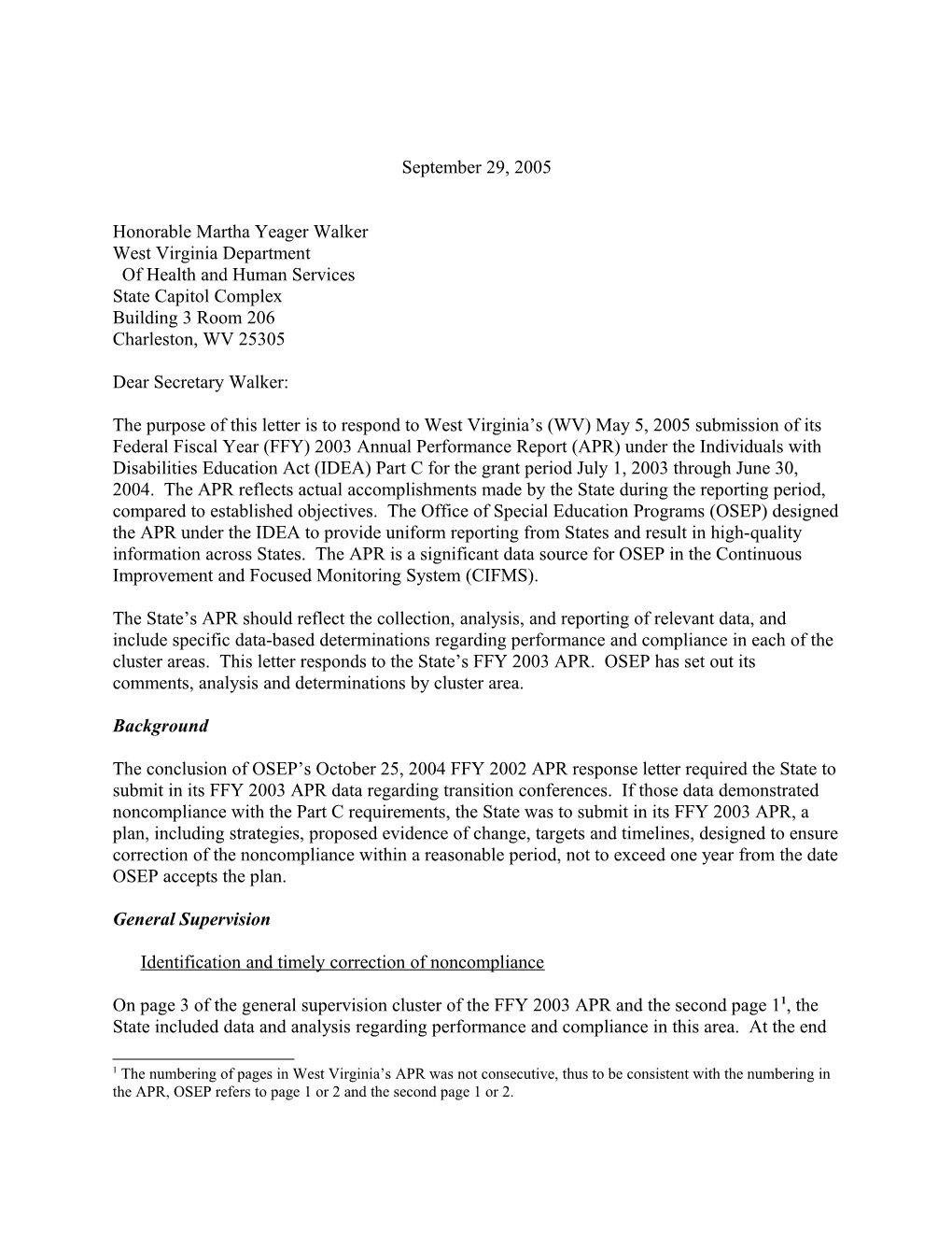 West Virginia Part C APR Letter 2003-2004 (Msword)