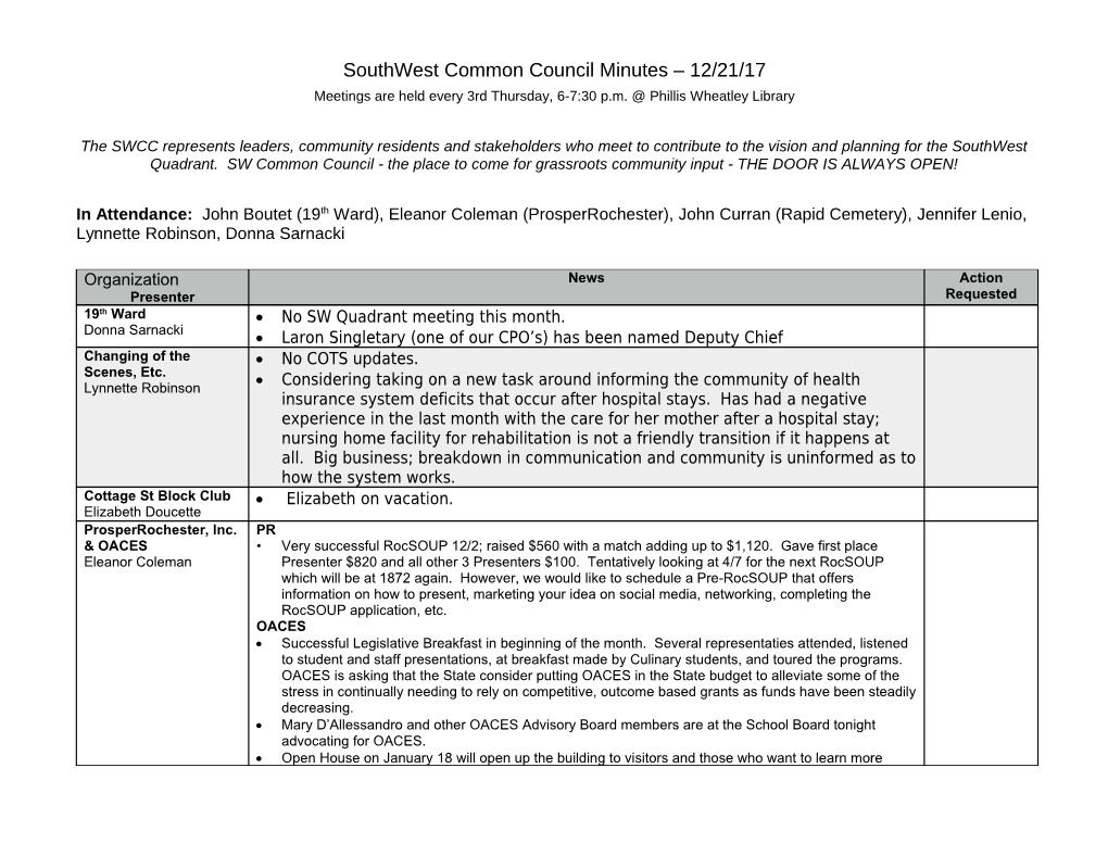 Southwest Common Council Minutes 12/21/17