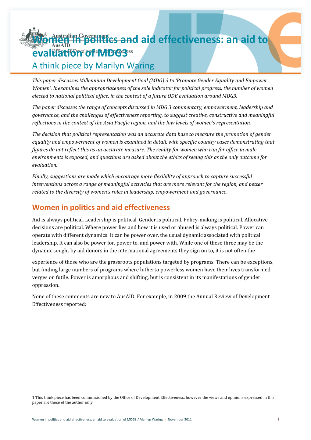 Women in Politics and Aid Effectiveness: an Aid to Evaluation of MDG3