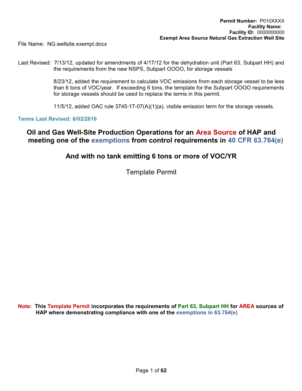 Exempt Area Source Natural Gas Extraction Well Site