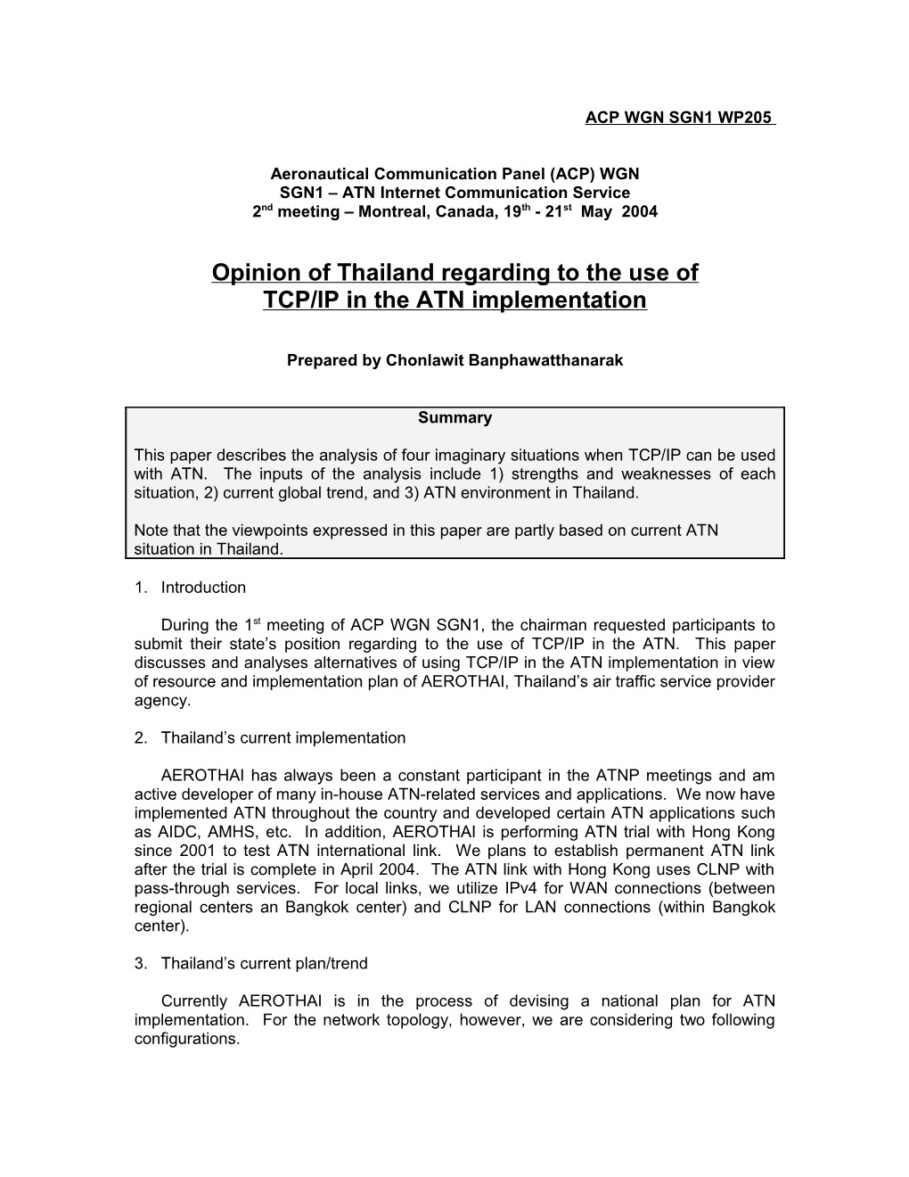 Opinion of Thailand Regarding to the Use of TCP/IP in the ATN Implementation