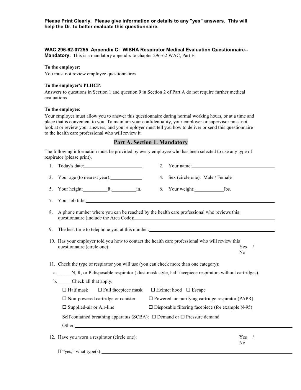 WAC 296-62-07255 Appendix C: WISHA Respirator Medical Evaluation Questionnaire Mandatory