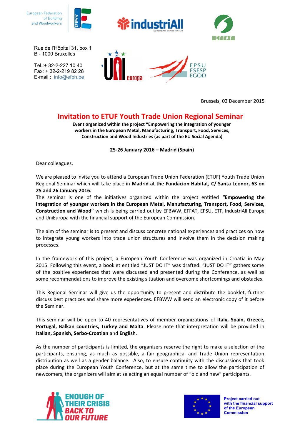 Invitation to Etufyouth Trade Union Regional Seminar