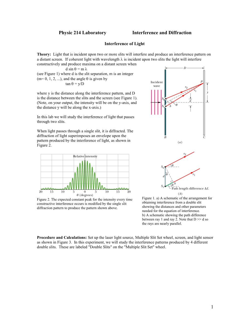 Physic 214 Laboratoryinterference and Diffraction