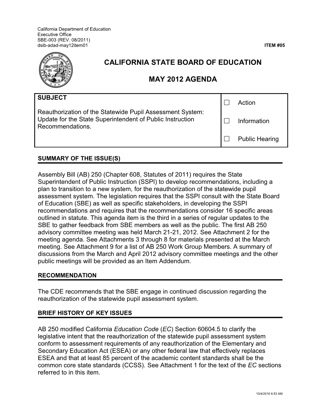 May 2012 Agenda Item 5 - Meeting Agendas (CA State Board of Education)