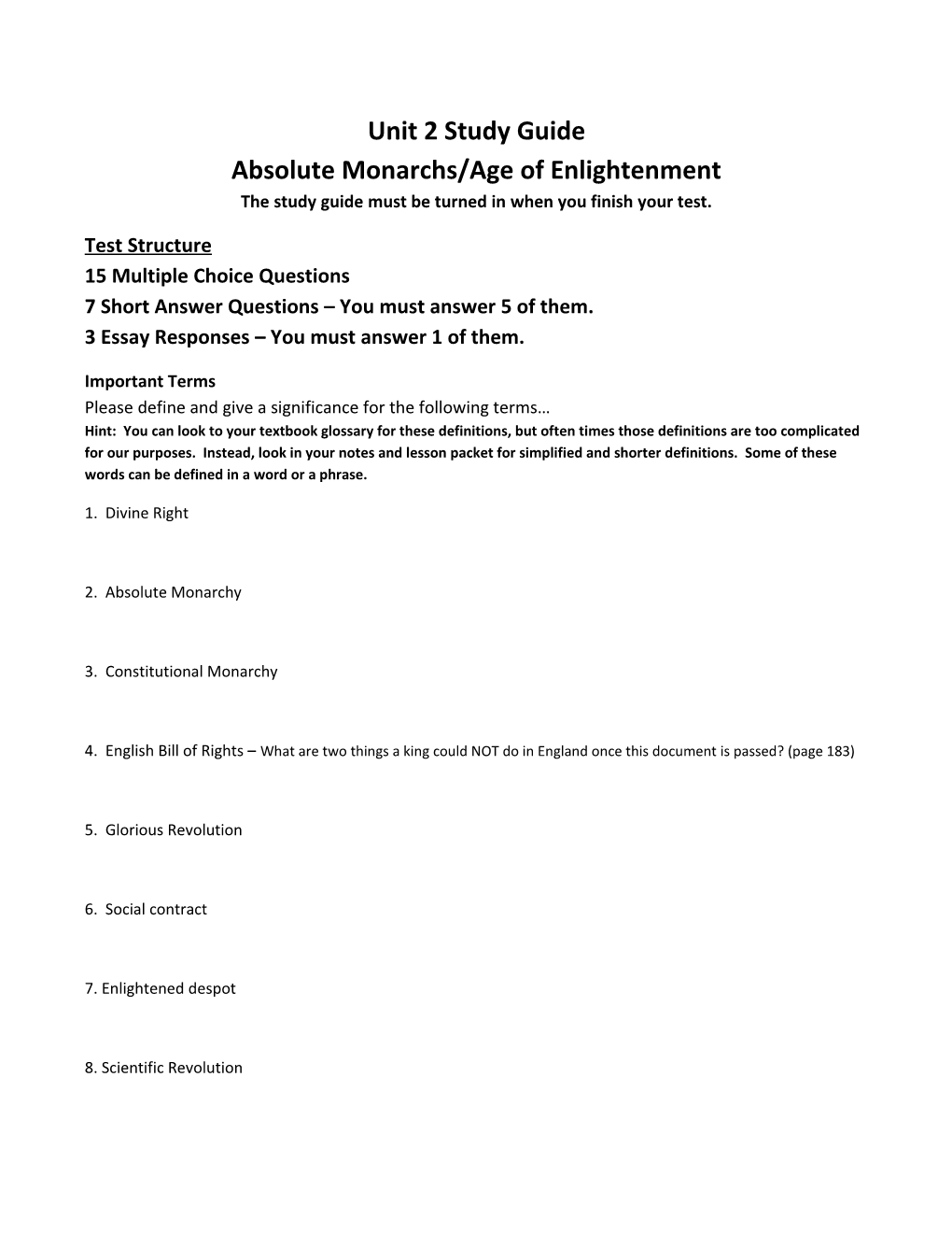 Unit 2 Study Guide Absolute Monarchs/Age of Enlightenment the Study Guide Must Be Turned