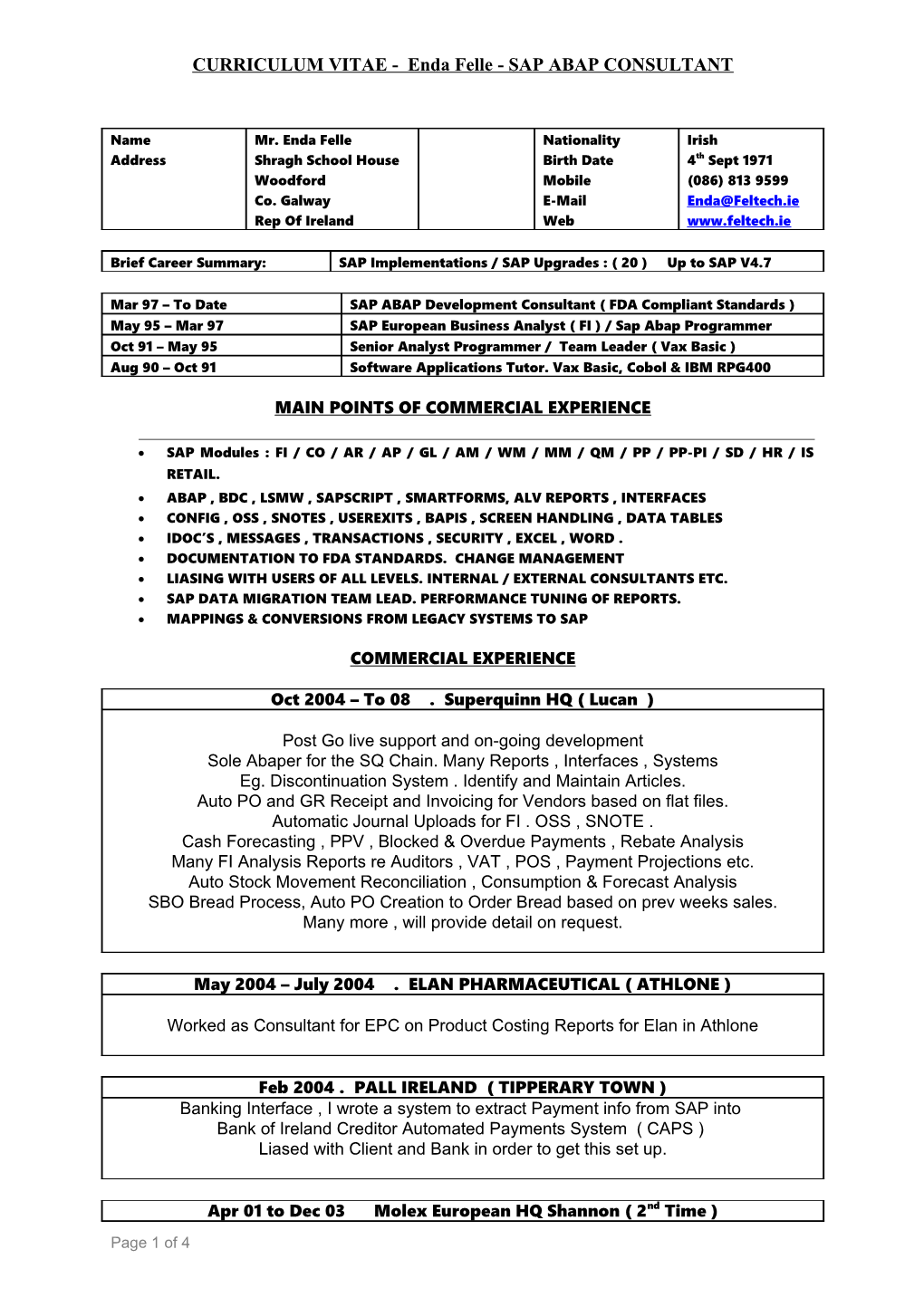 CURRICULUM VITAE - Enda Felle - SAP ABAP CONSULTANT