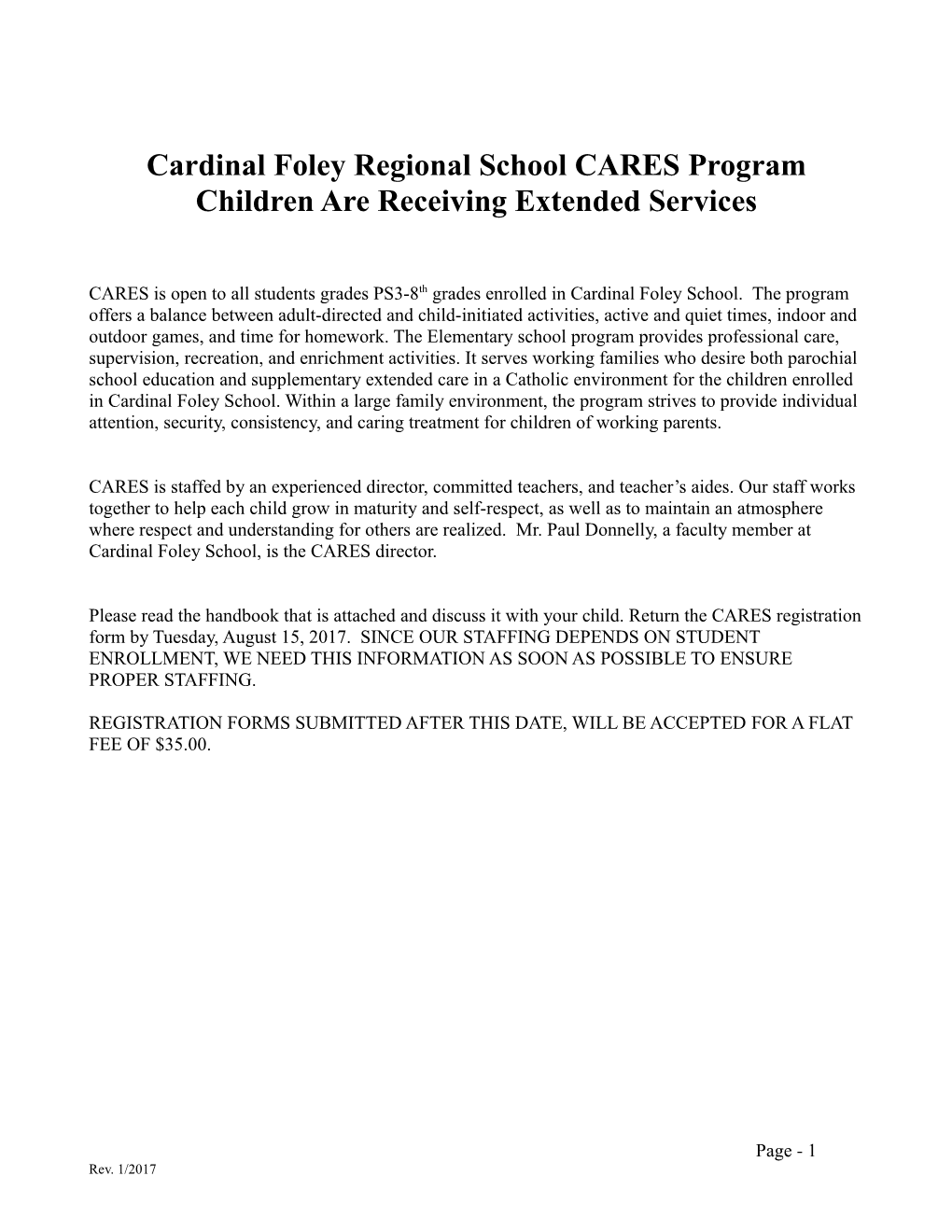 Cardinal Foley Regional School CARES Program