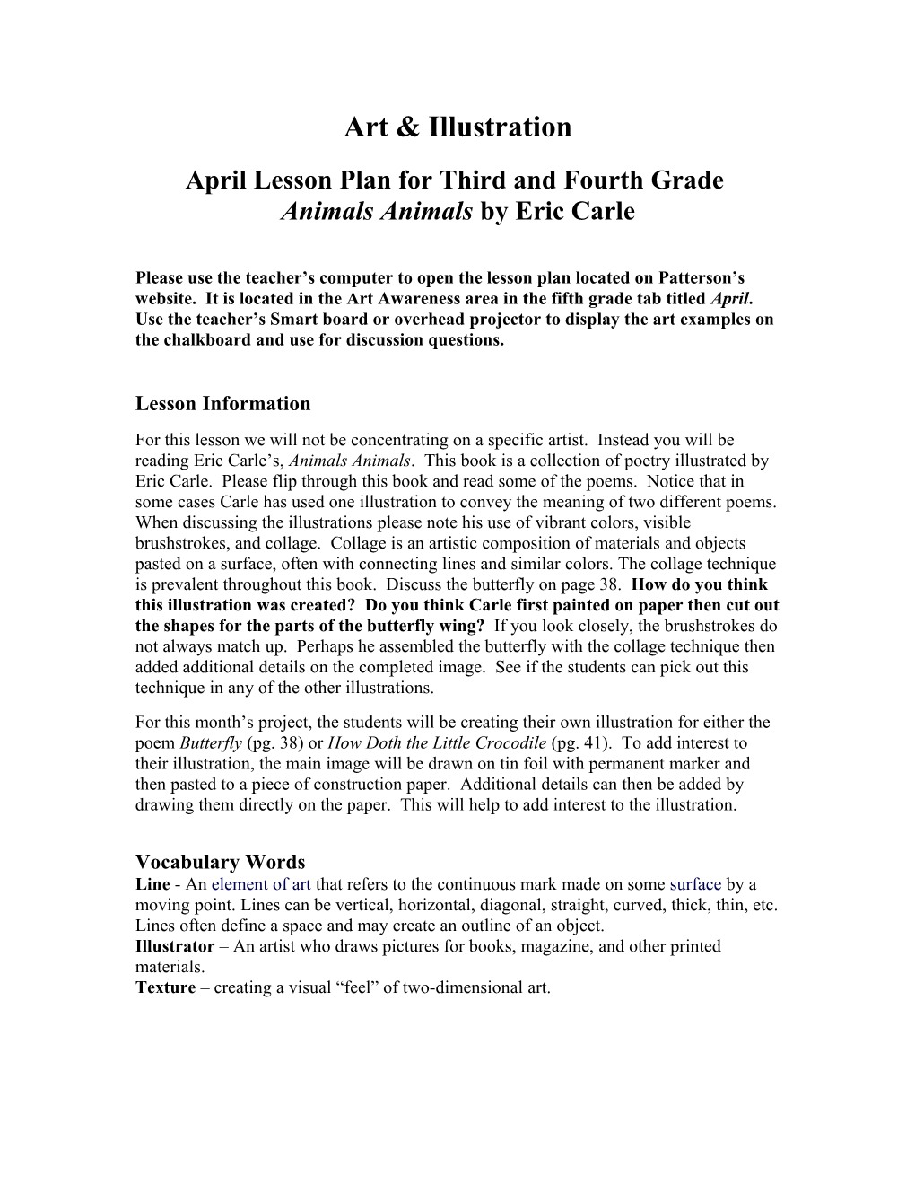 April Lesson Plan for Third and Fourth Grade
