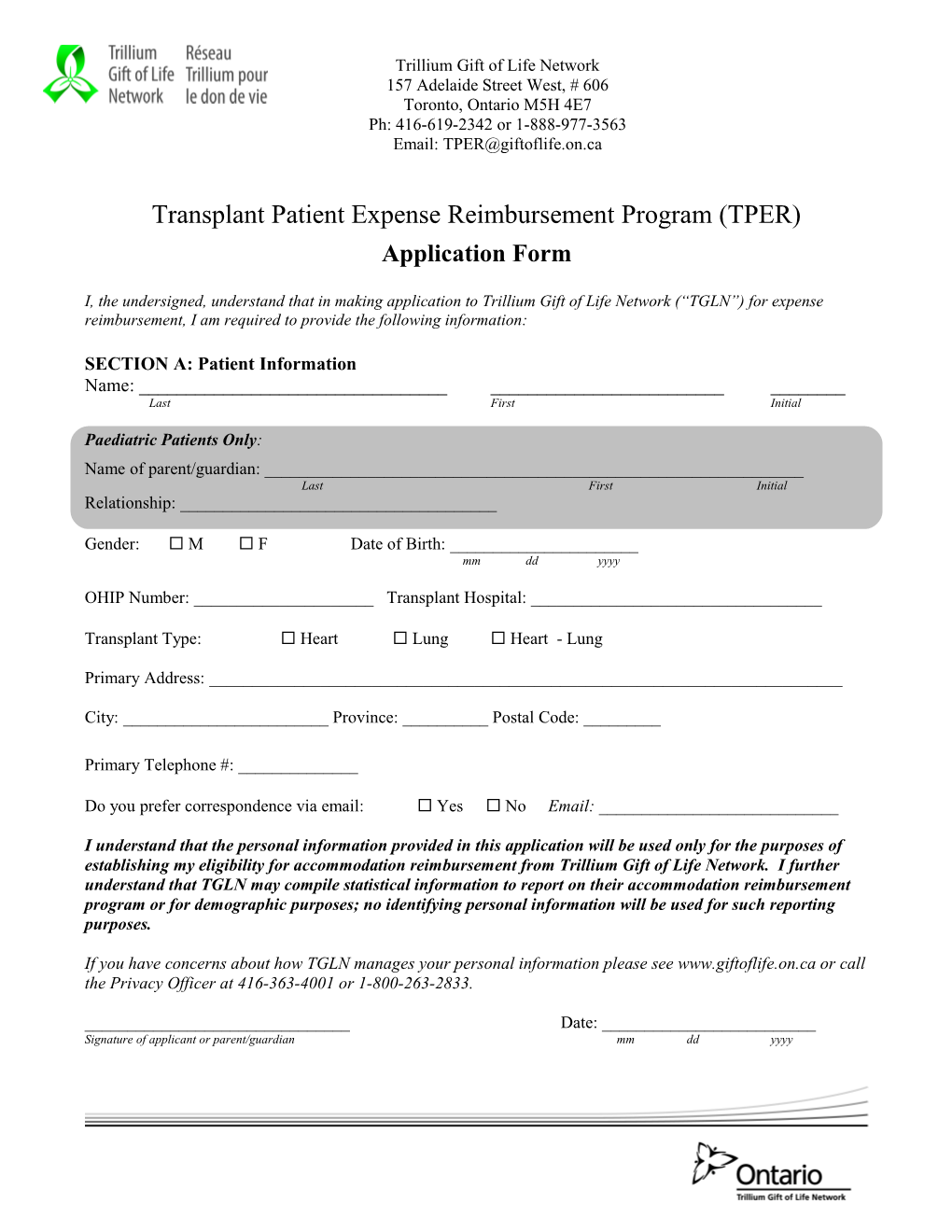 Transplant Patient Expense Reimbursement - TPER