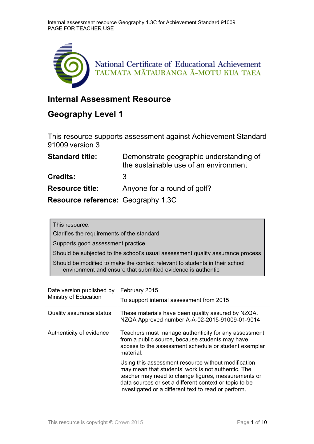 Internal Assessment Resource Geography Level 1
