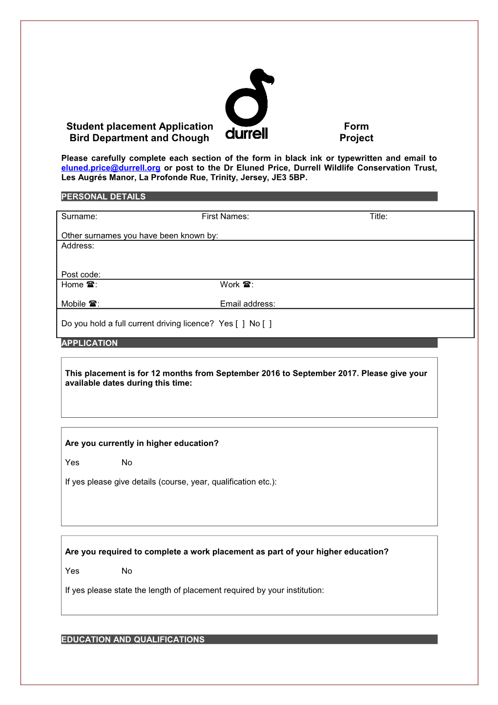 Student Placement Application Form