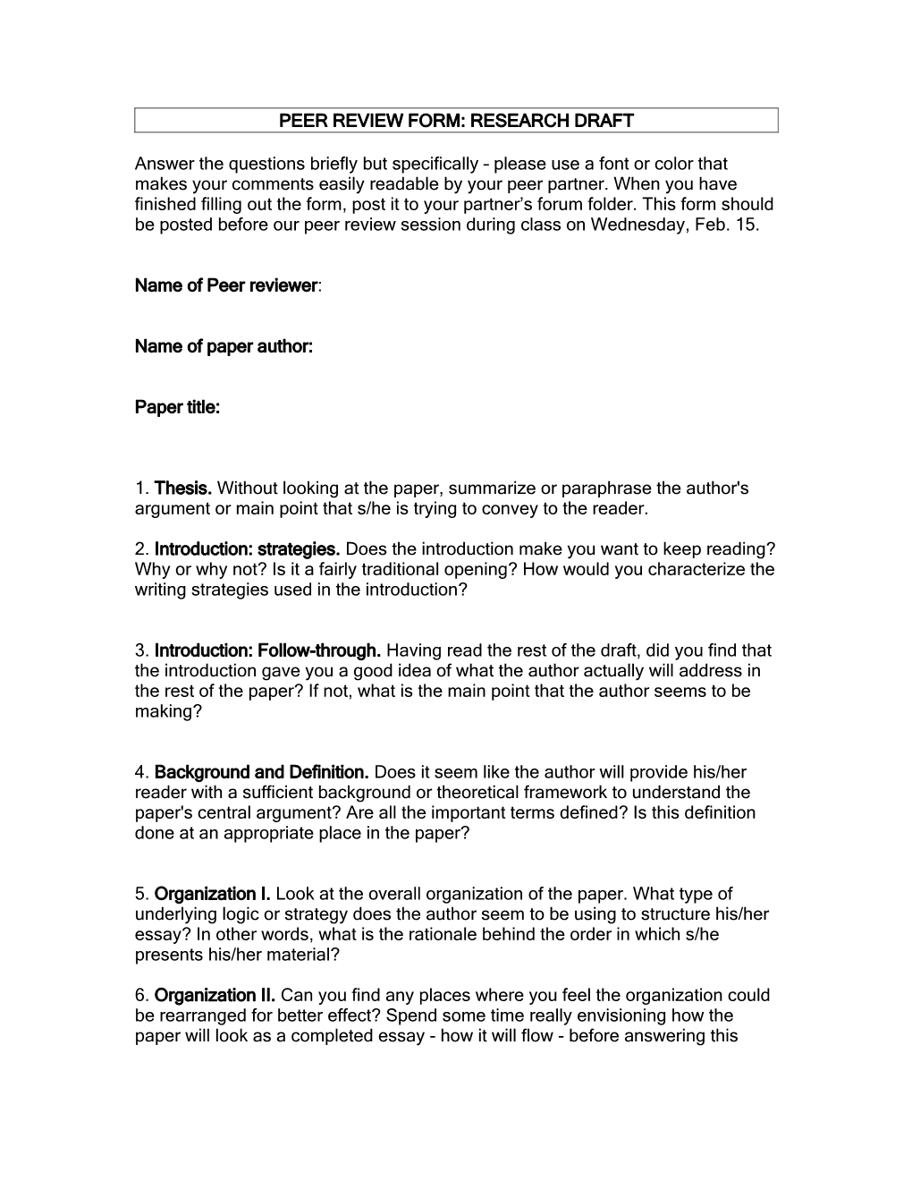 Peer Review Form: Research Draft #1
