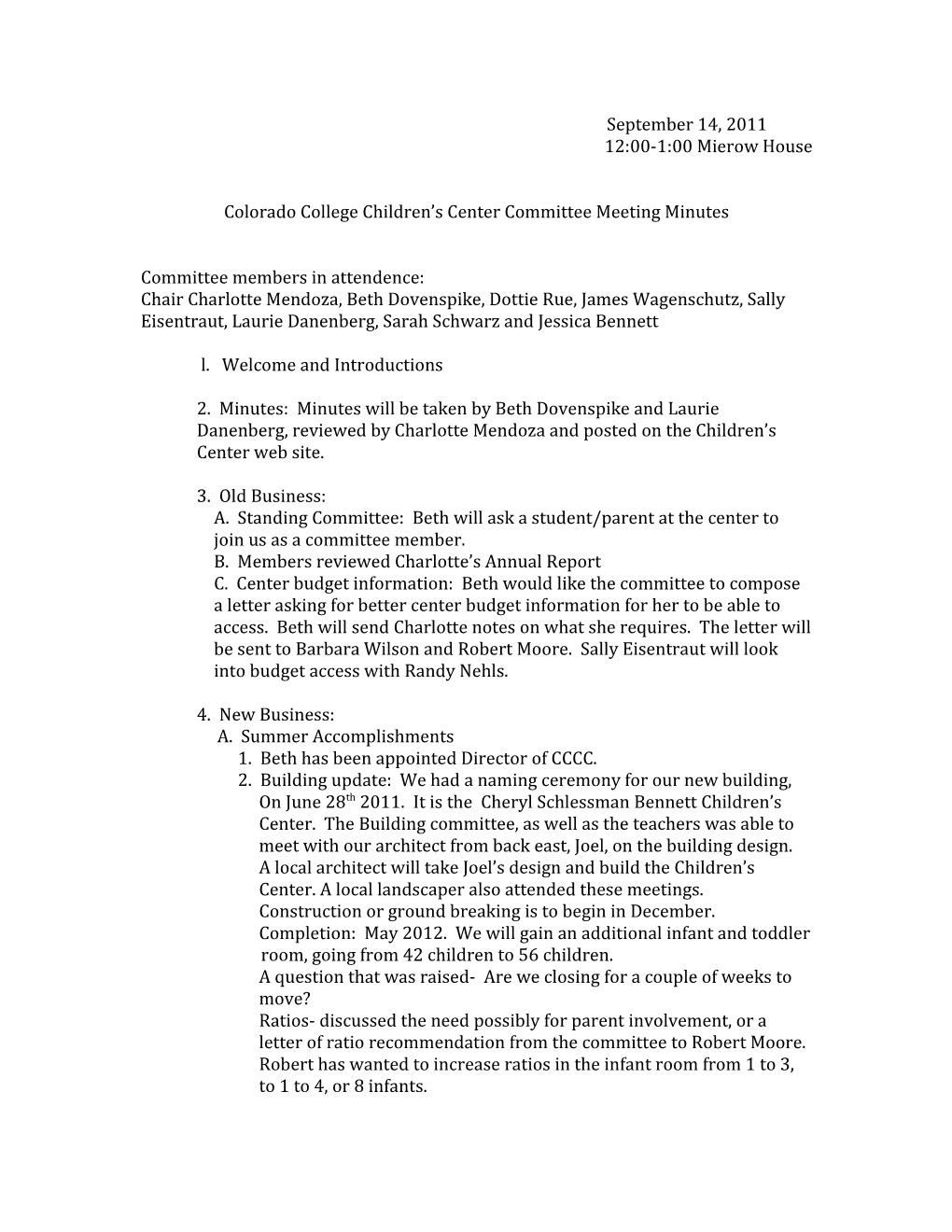 Colorado College Children S Center Committee Meeting Minutes