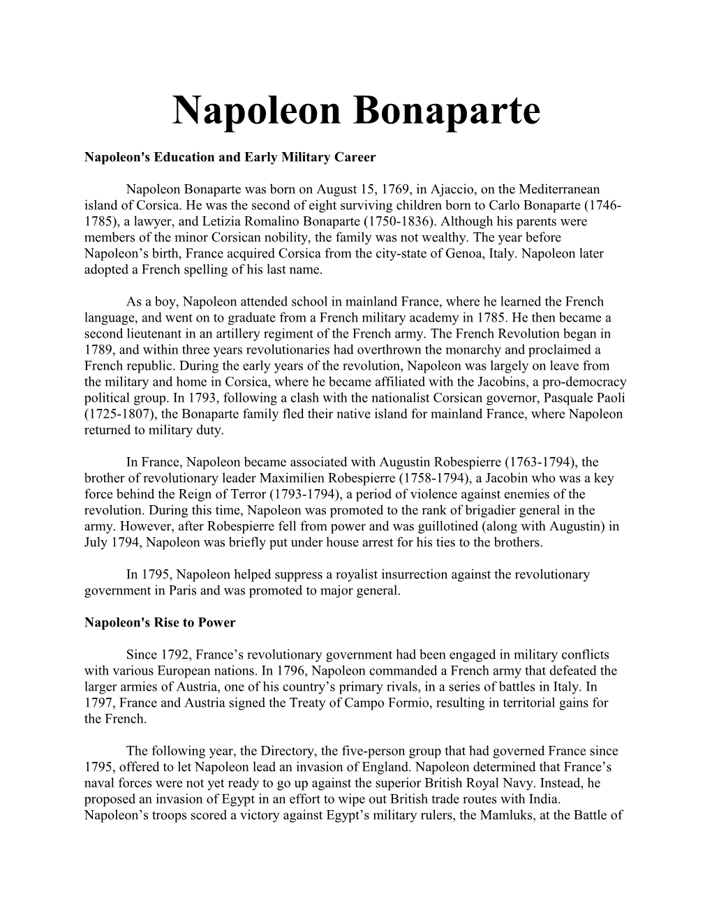 Napoleon's Education and Early Military Career