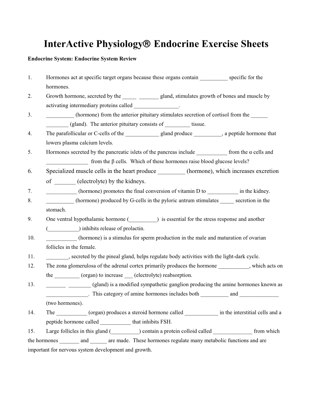 Interactive Physiology Review Worksheets