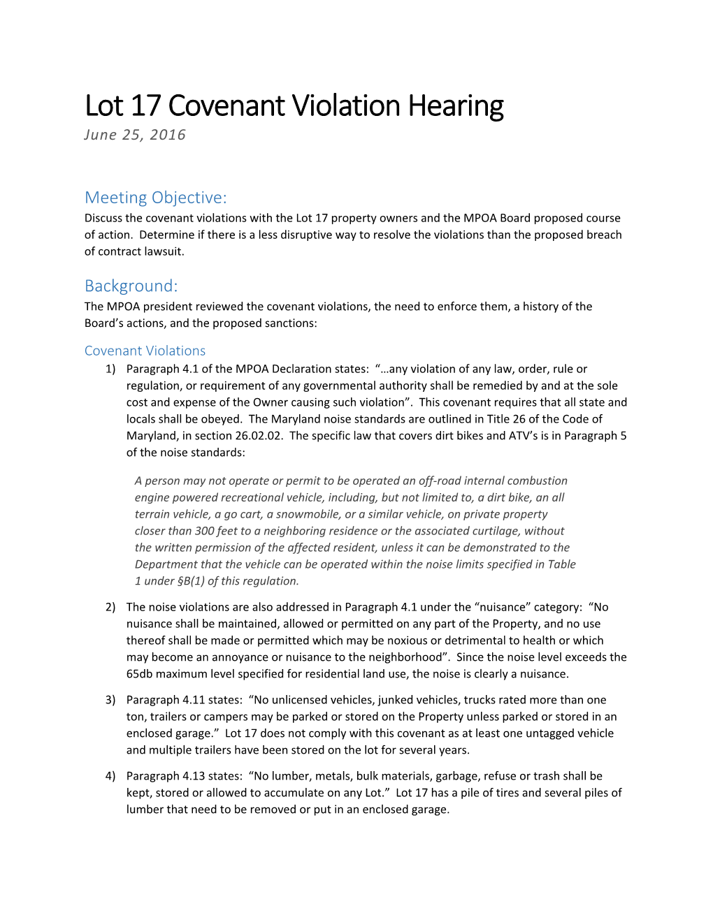 Lot 17 Covenant Violation Hearing