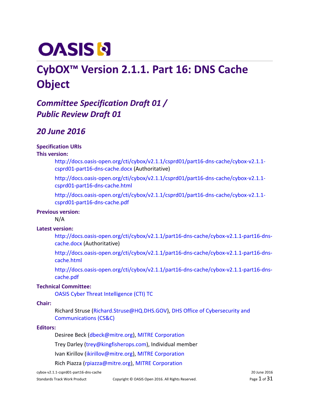 Cybox Version 2.1.1. Part 16: DNS Cache Object