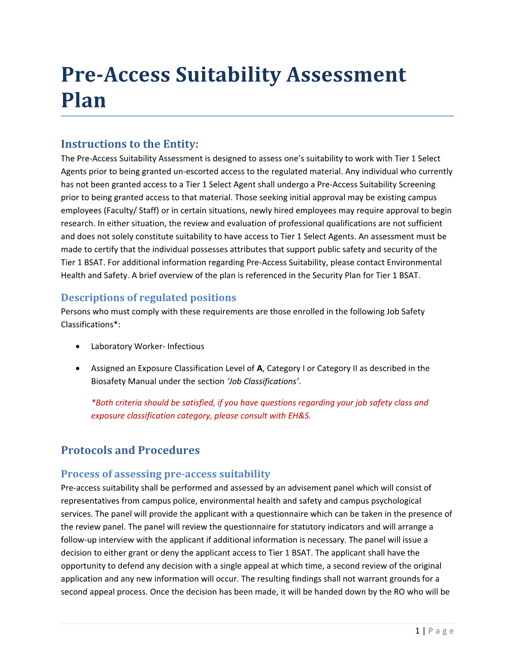 Pre-Access Suitabilityassessment Plan