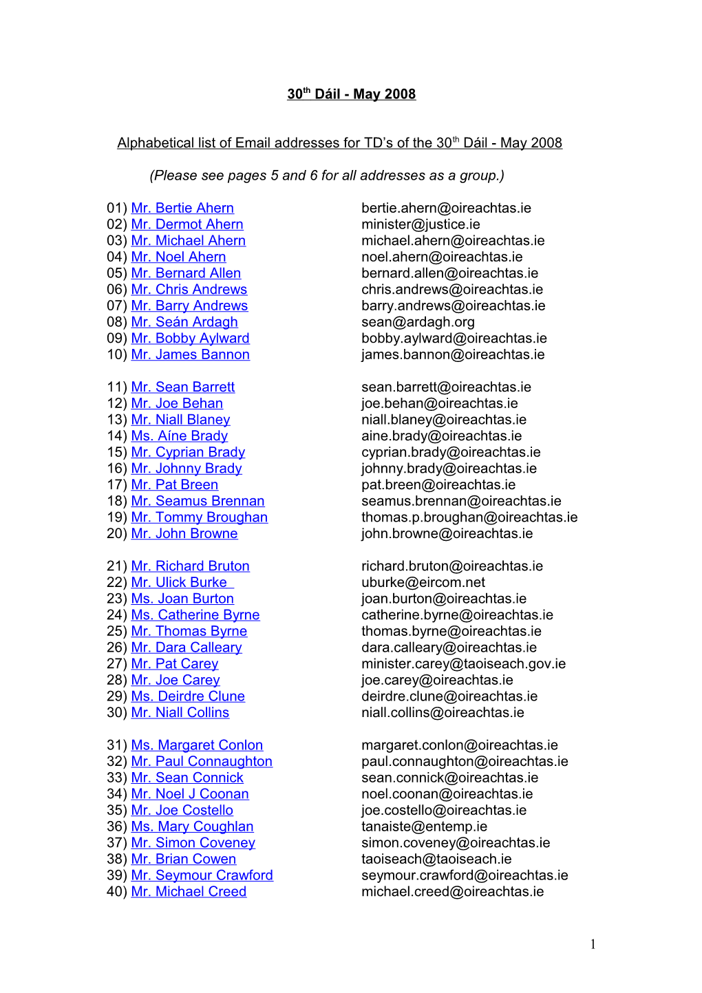 Email Addresses for TD S of the 30Th Dáil