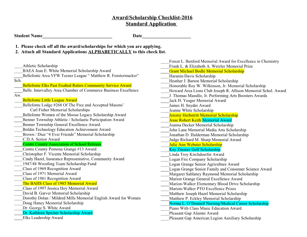 Award/Scholarship Check List