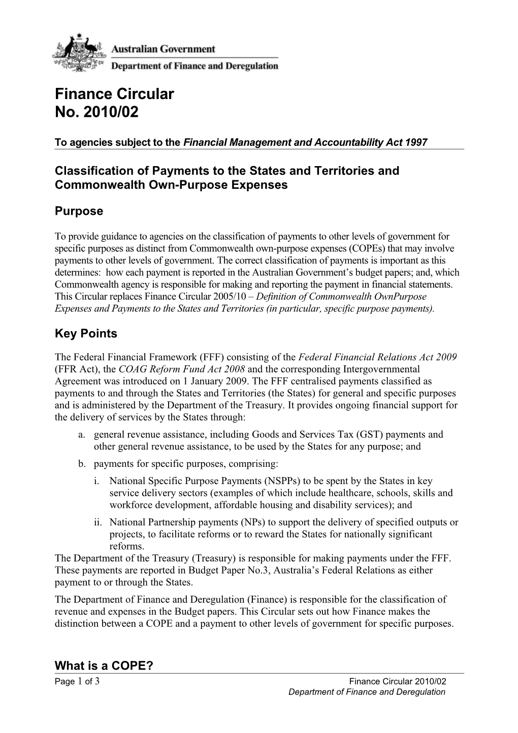 Finance Circular 2010/02 - Classification of Payments to the States and Territories And