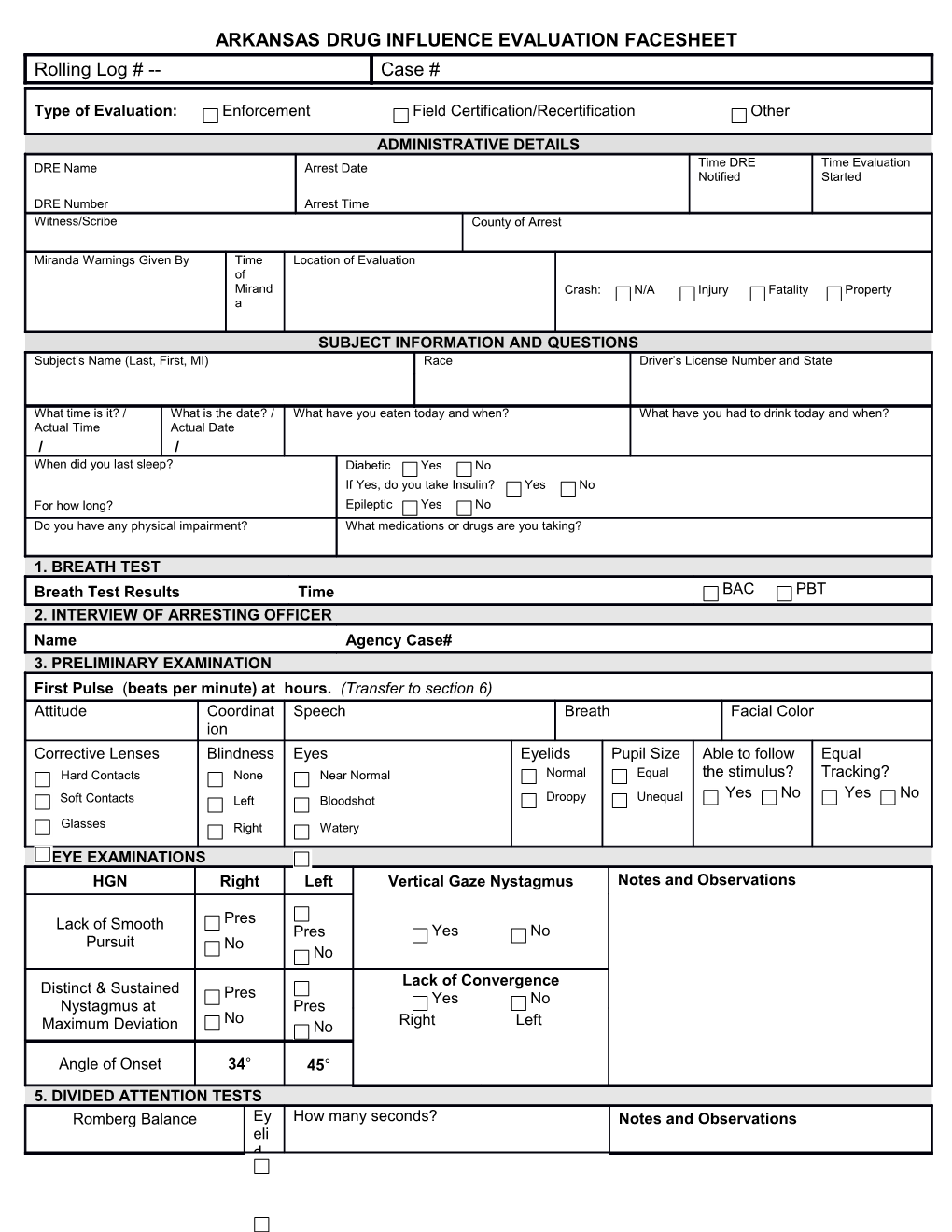 Colorado Drug Influence Evaluation Facesheet