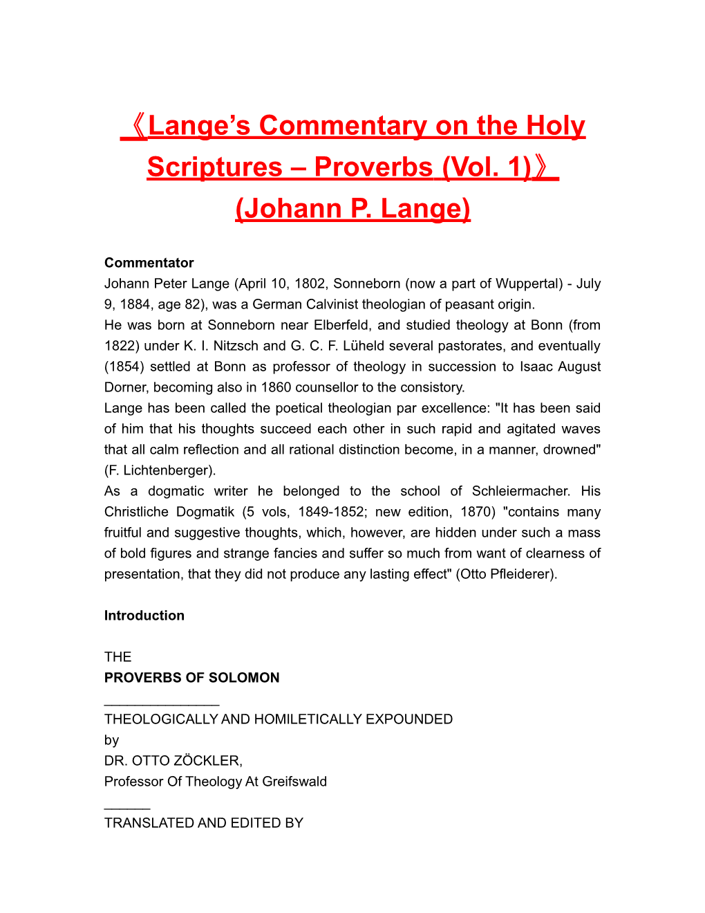 Lange S Commentary on the Holyscriptures Proverbs(Vol. 1) (Johann P. Lange)