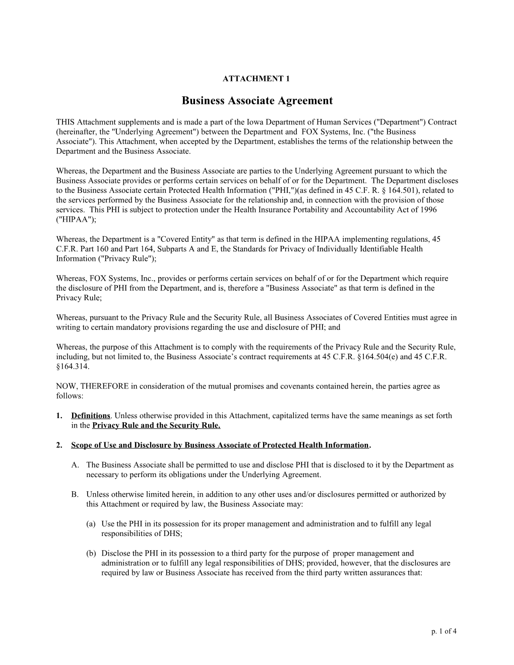 Addendum to Iowa Department of Human Services Contract