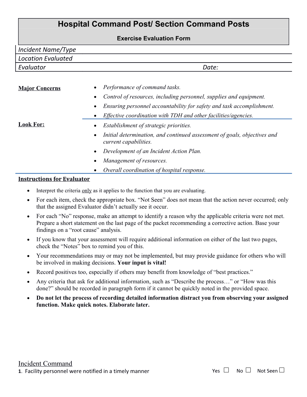 Hospital Command Post/ Section Command Posts