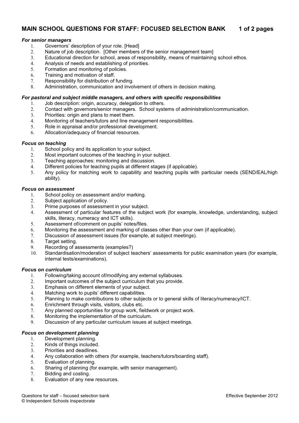 MAIN SCHOOL QUESTIONS for STAFF: FOCUSED SELECTION BANK1 of 2 Pages