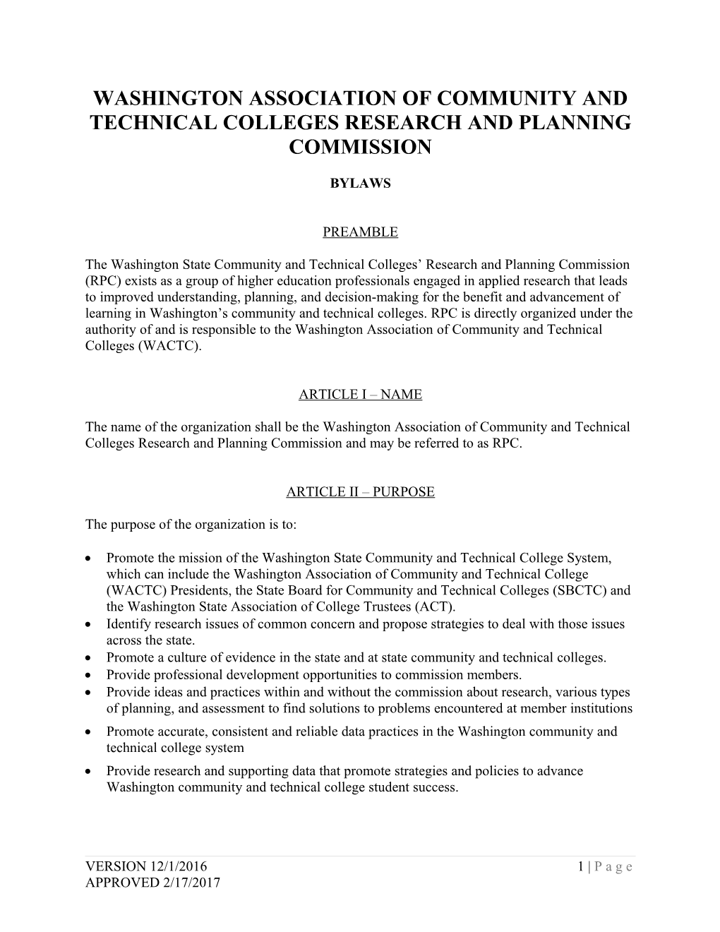 Washington Association of Community and Technical Colleges Research and Planning Commission