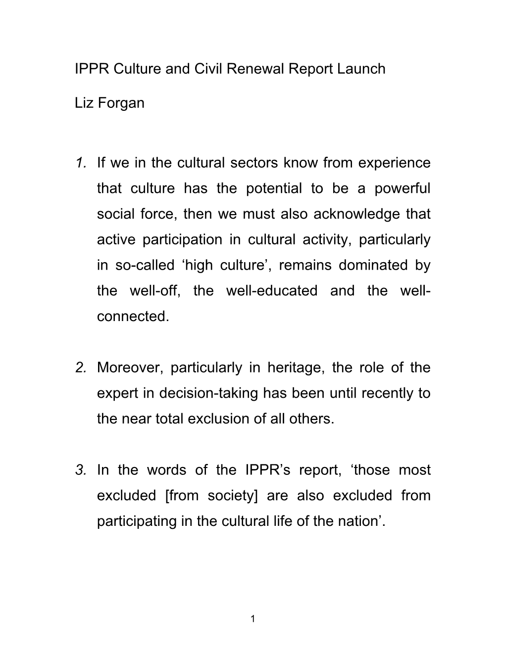 IPPR Culture and Civil Renewal Report Launch