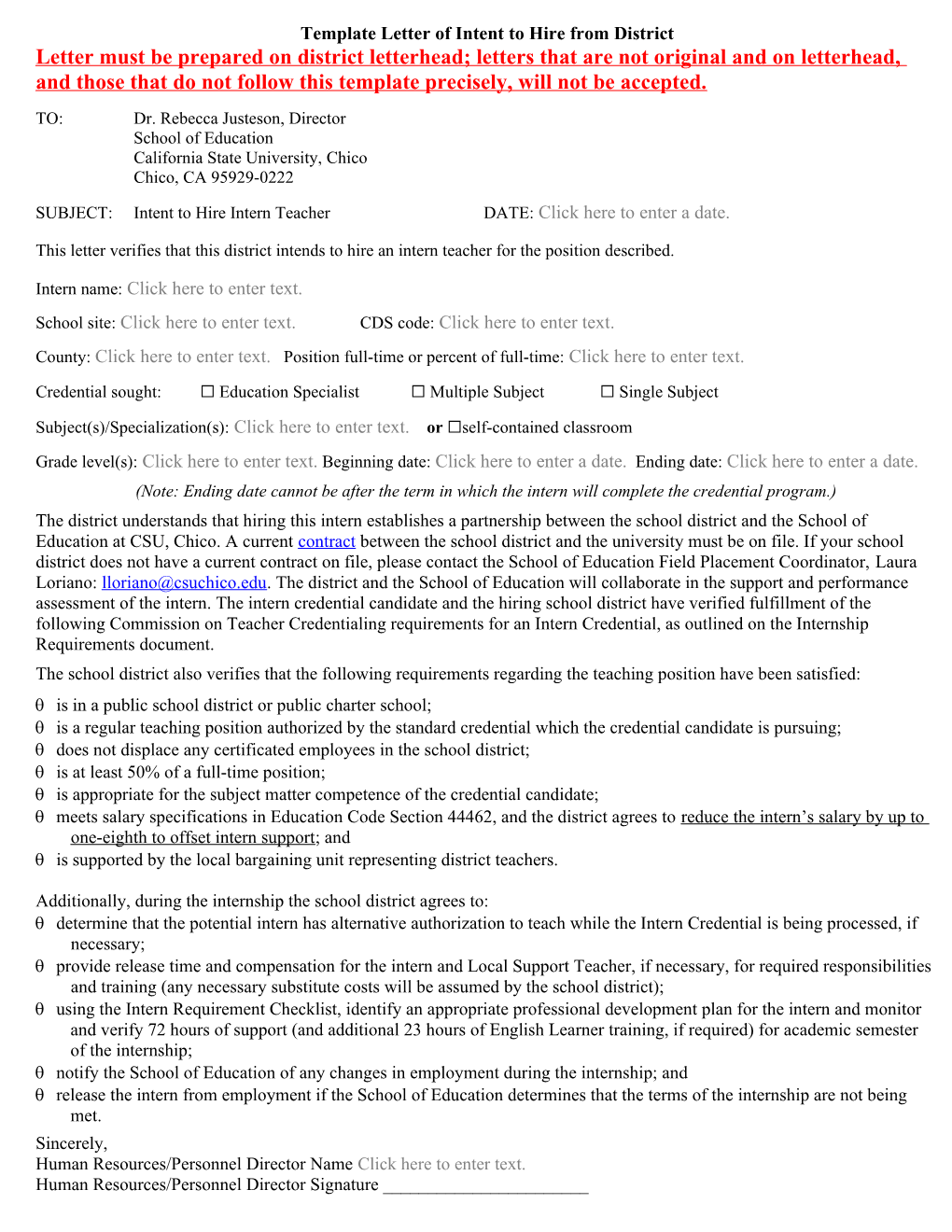 Template Letter of Intent to Hire from District