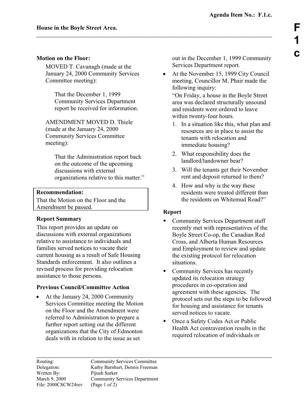 Report for Community Services Committee April 17, 2000 Meeting