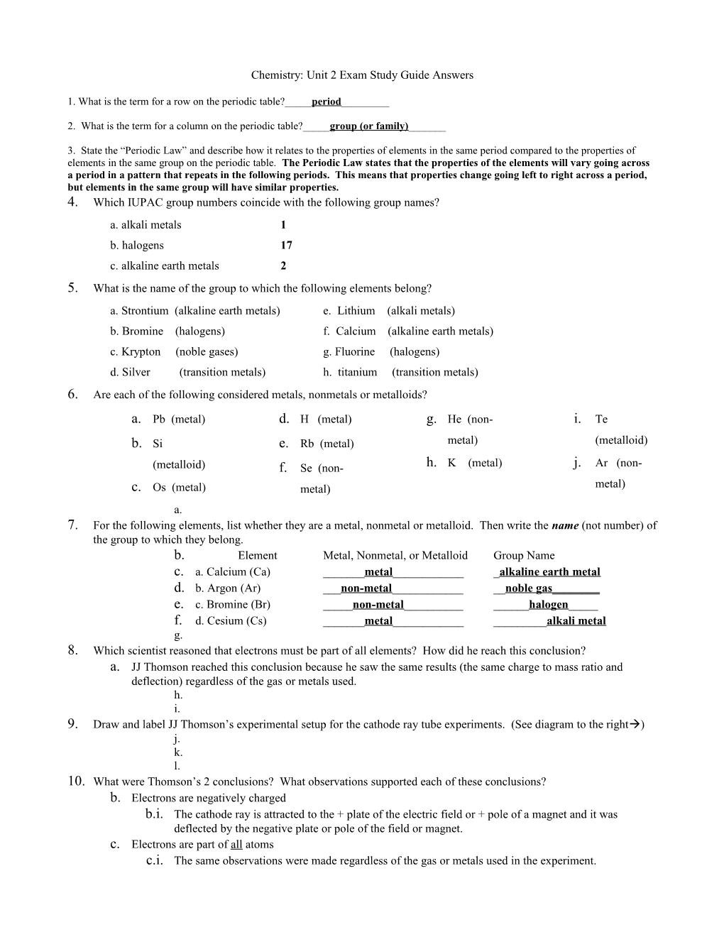 Chemistry: Unit 2 Exam Study Guide