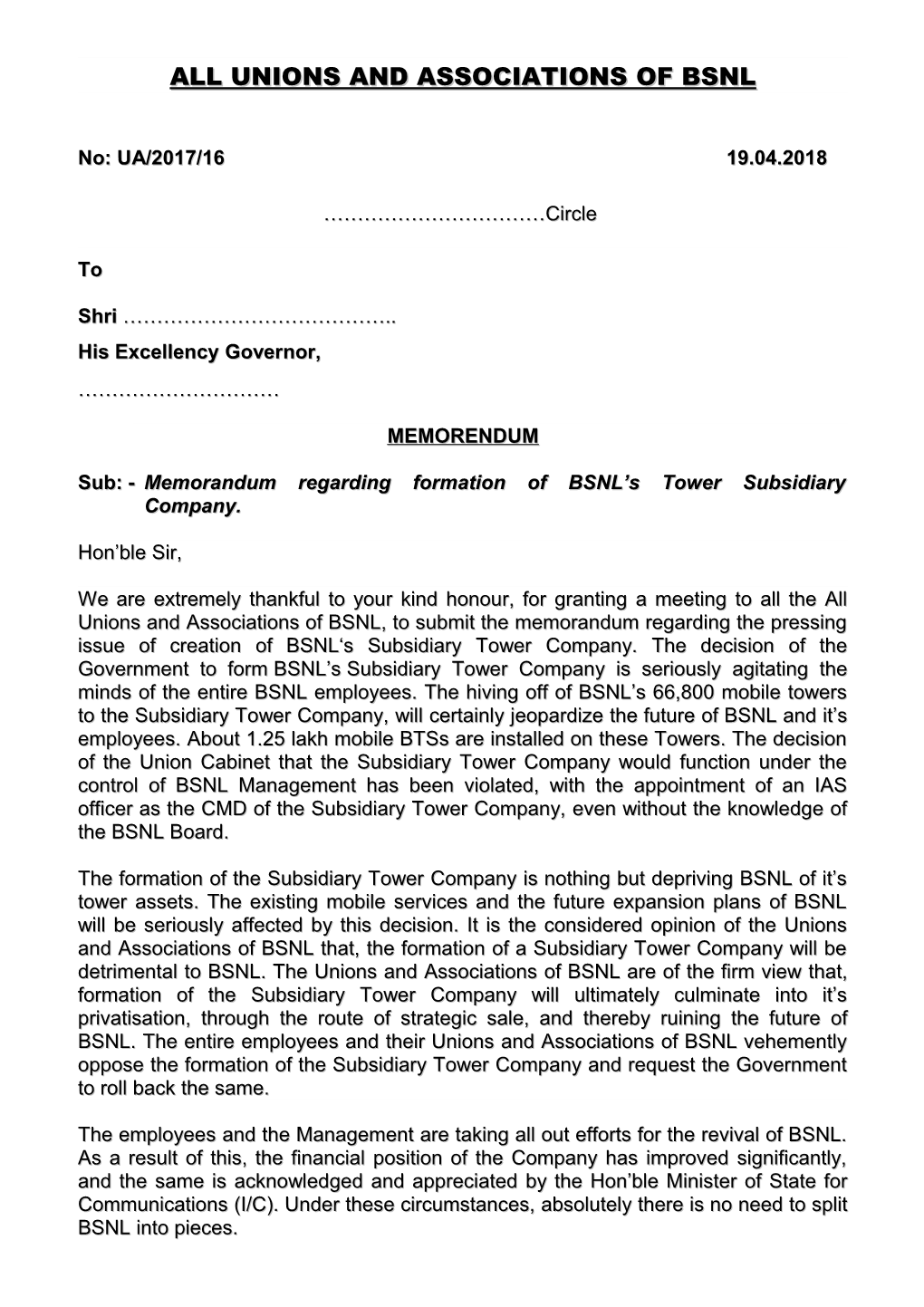 Sub: -Memorandum Regarding Formation of BSNL S Tower Subsidiarycompany