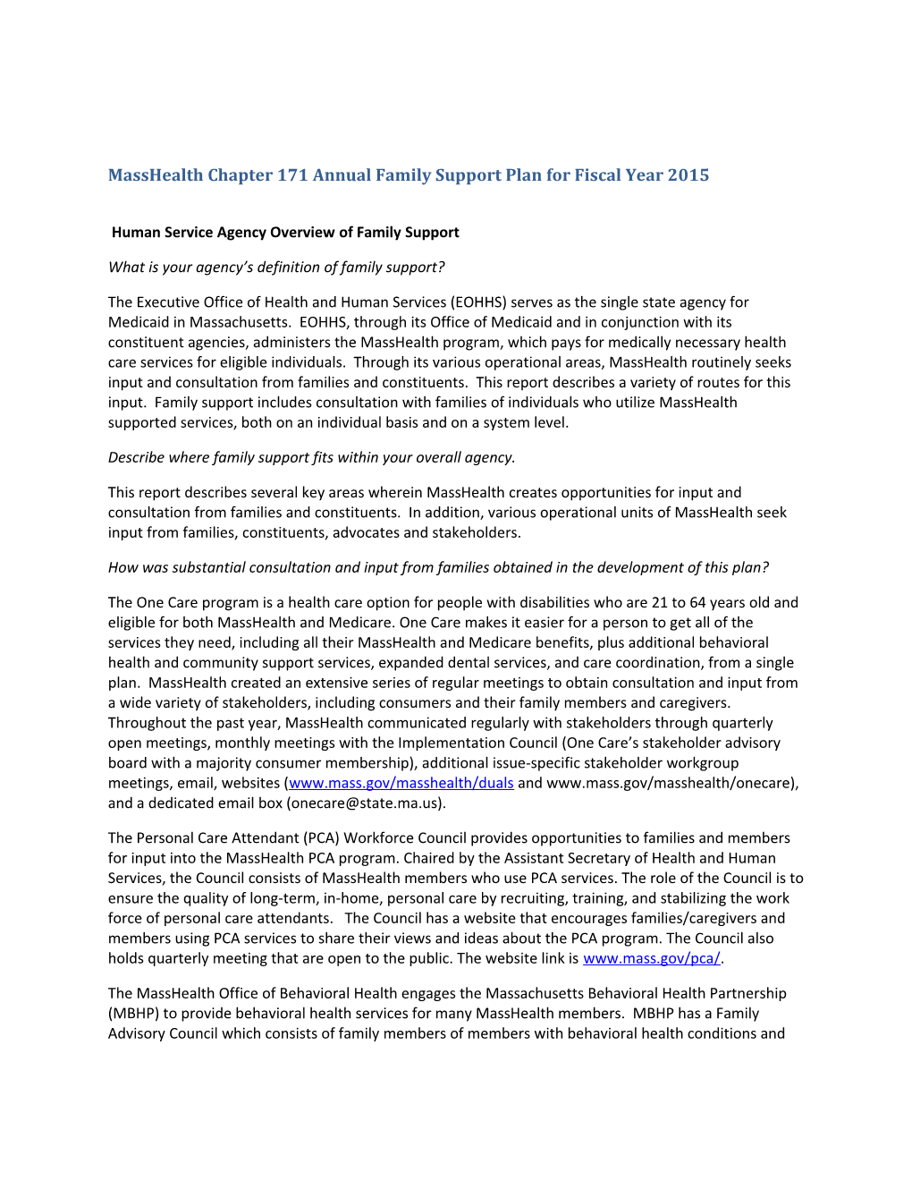 Masshealth Chapter 171 Annual Family Support Plan for Fiscal Year 2015