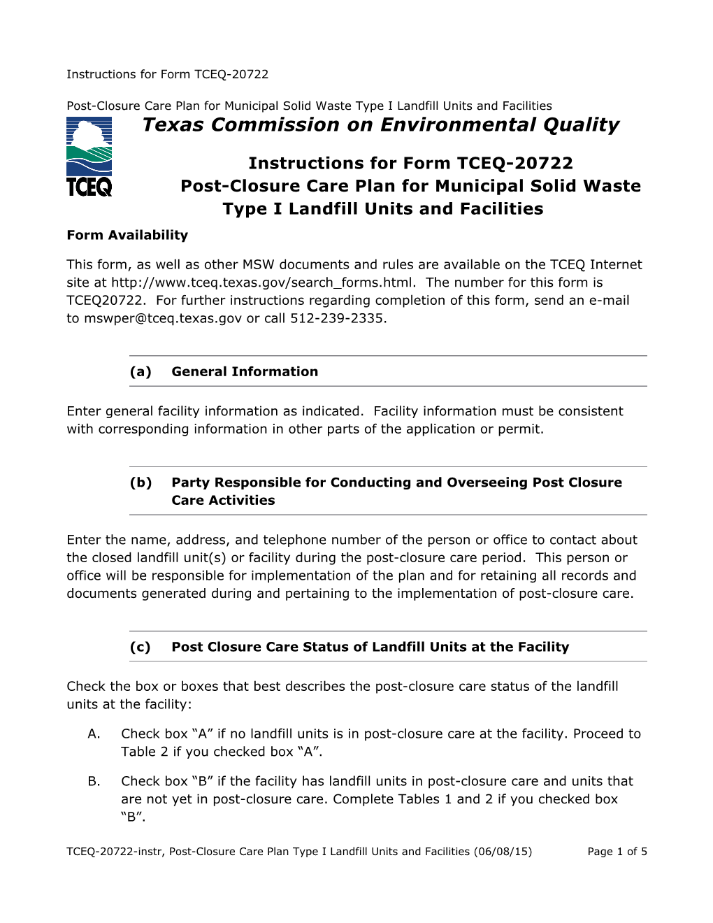 Instructions for Form TCEQ-20722