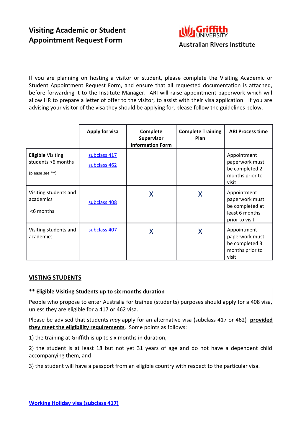 Eligible Visiting Students up to Six Months Duration