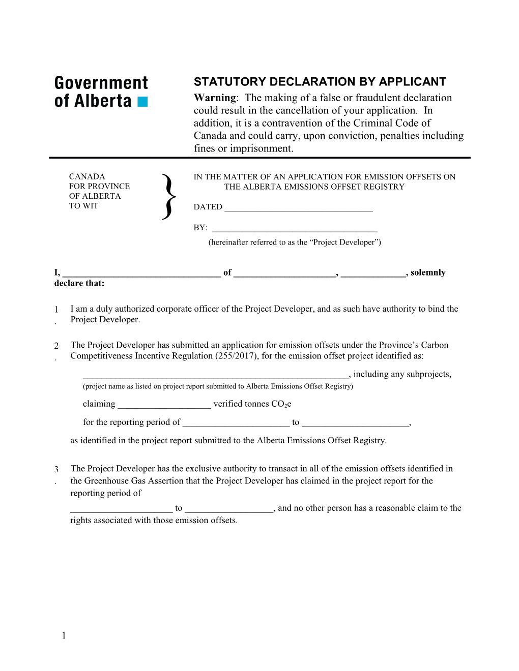 In the Matter of an Application for Emission Offsets on the Alberta Emissions Offset Registry