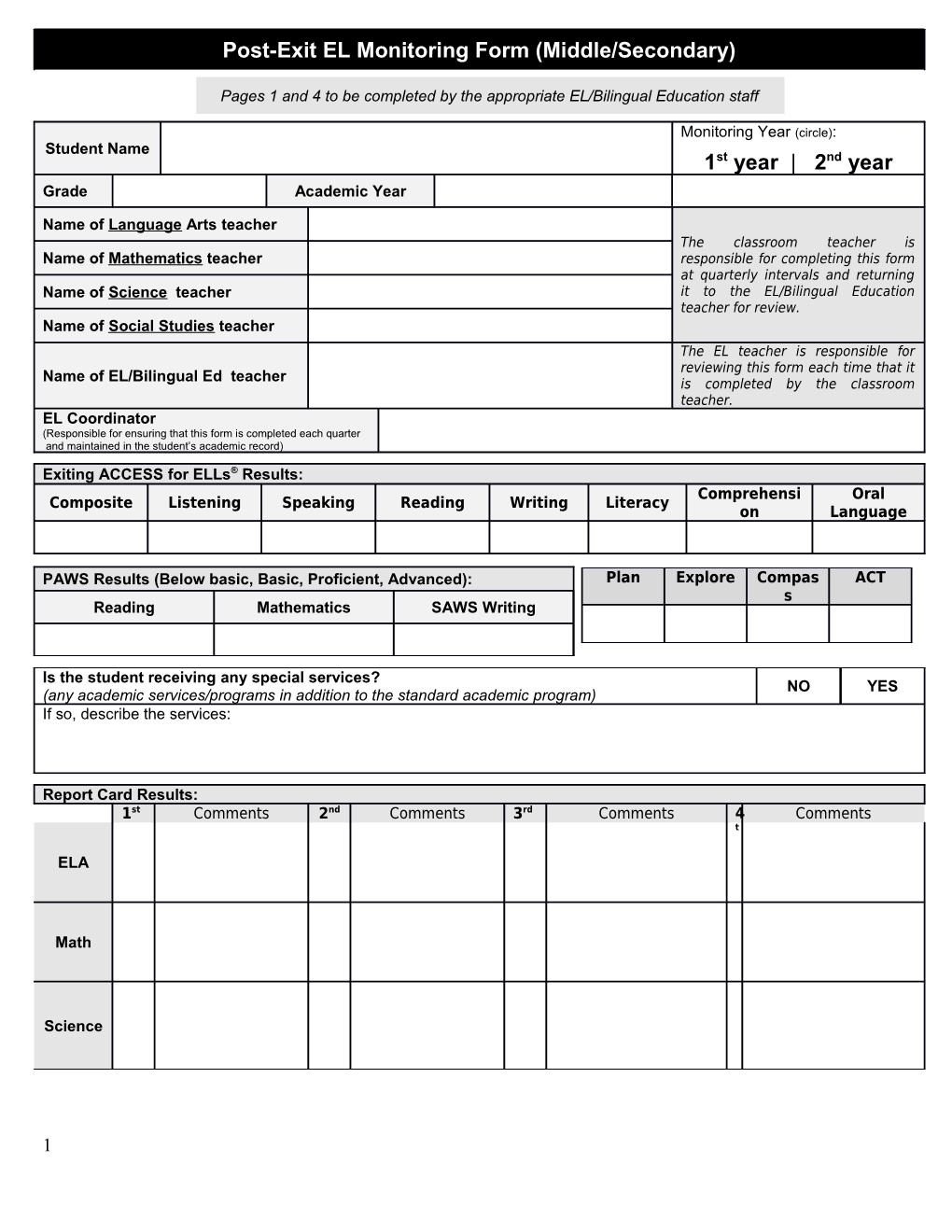 Post-Exit ELL Monitoring Form (Middle/Secondary)