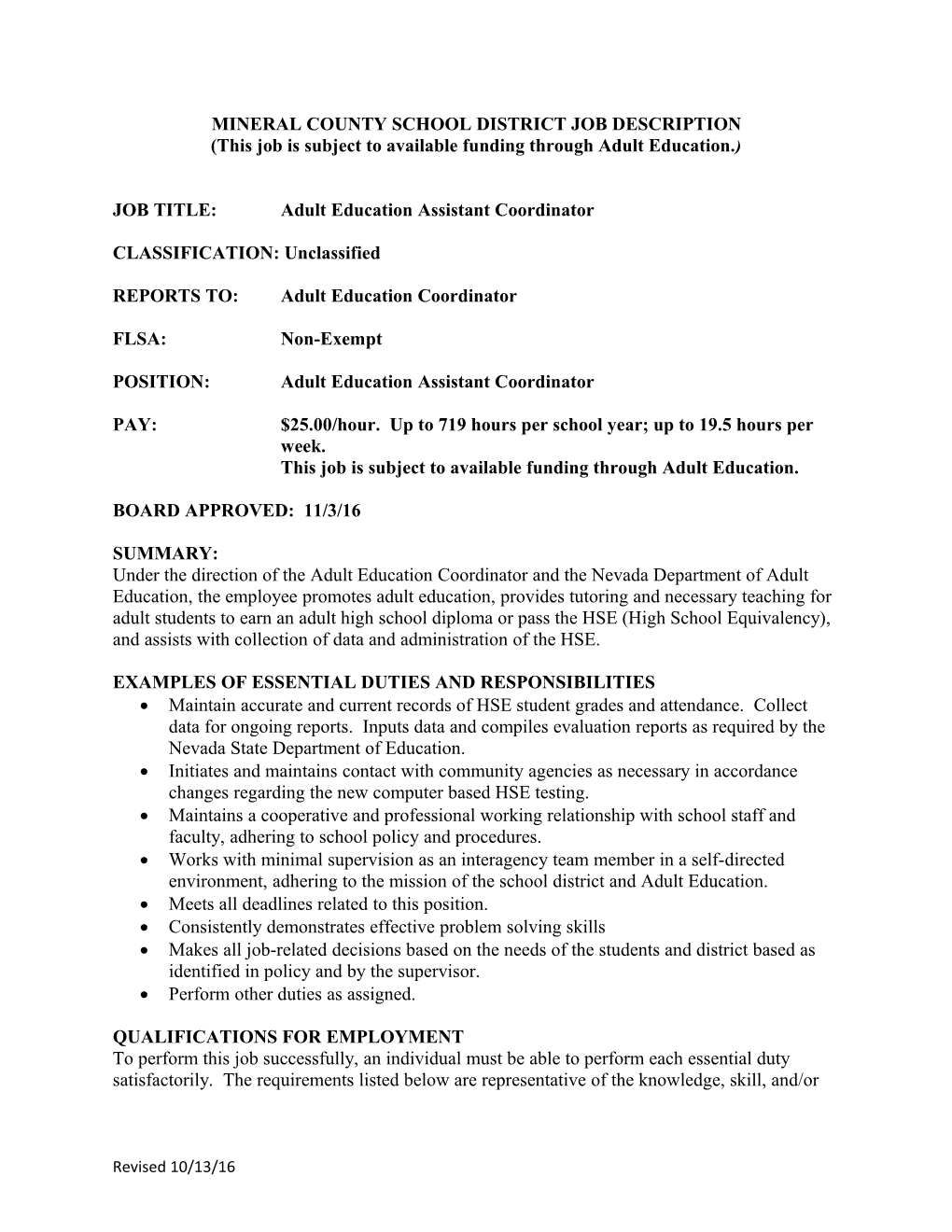 Mineral County School District Job Description